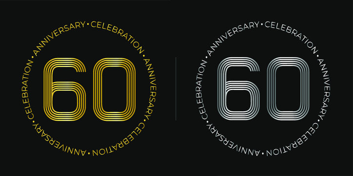 60th birthday. Sixty years anniversary celebration banner in golden and silver colors. Circular logo with original numbers design in elegant lines.
