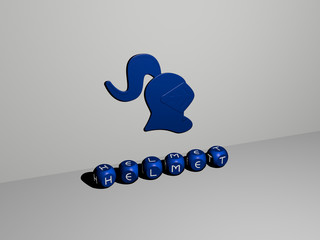 HELMET 3D icon on the wall and text of cubic alphabets on the floor, 3D illustration for background and construction