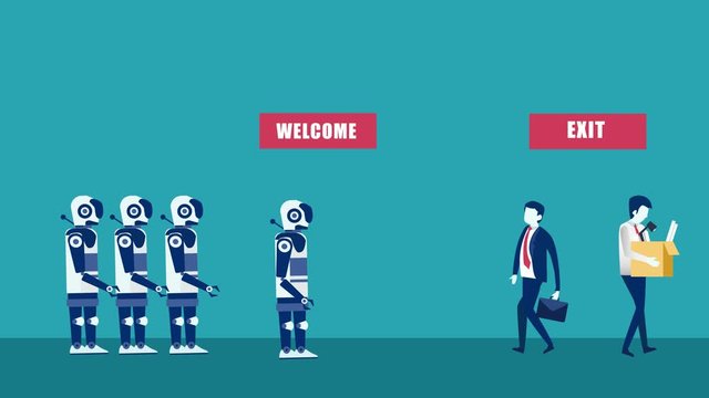 Male boss animation welcoming and handshaking with robots to a company replacing human workers. Shot in 4k resolution