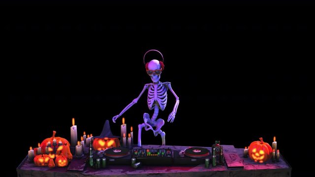 Seamless animation of a DJ skeleton with vinyls, turntables, records and dj booth isolated with alpha channel. Funny halloween background.