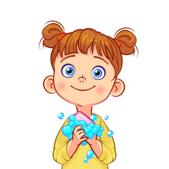 Little girl washes her hands with soap. Children's educational illustration about personal hygiene, disease prevention and health care. Hand washing kids character.