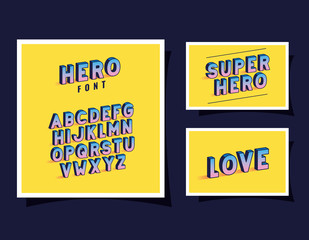 3d hero font lettering and alphabet yellow backgrounds design, typography retro and comic theme Vector illustration