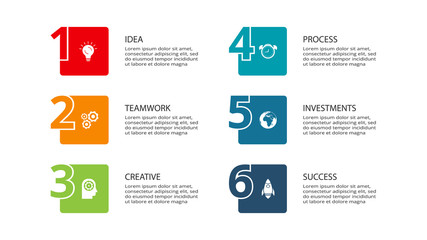 Business data visualization. Process chart. Elements of graph, diagram with 6 steps, options, parts or processes.