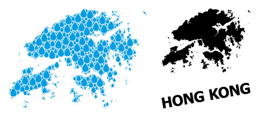 Vector Collage Map of Hong Kong of Water Dews and Solid Map
