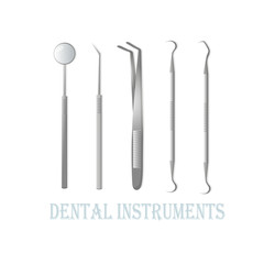 Dental instruments for oral examination and dental treatment. Dental design poster and set for the medical clinic. Flat illustration