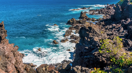 A view looking down on the lava rock formations at Black Rocks on the Atlantic coast of  in St Kitts