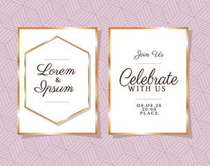 Two wedding invitations with gold ornament frames on purple background design, Save the date and engagement theme Vector illustration