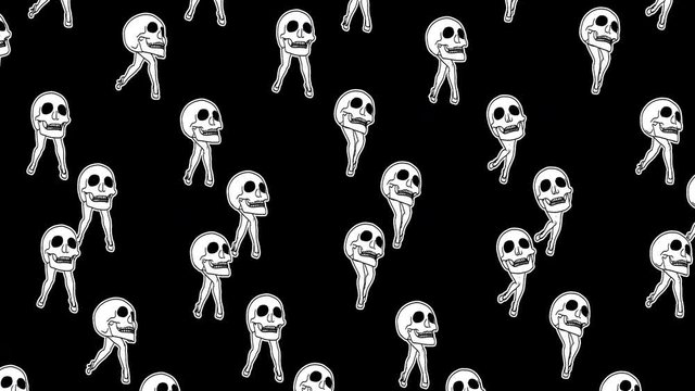Seamless animation of a walking skulls in printed drawn style cartoon. Funny halloween background with marker stroke effect 
