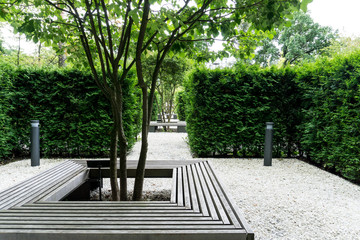 Square-shaped bench installed around the bush. The park space is divided by evergreen bushes into small cozy parts. A good place for privacy, concentration and relaxation. - obrazy, fototapety, plakaty