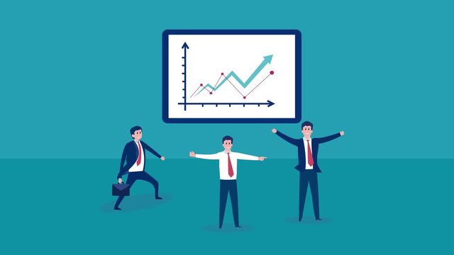 Happy business team animation expressing success by raising hands while standing near growth finance chart with blue background. Shot in 4k resolution