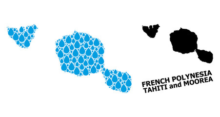 Vector Collage Map of Tahiti and Moorea Islands of Liquid Drops and Solid Map