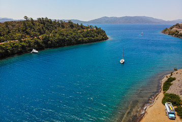 Beautiful yacht in a bay in the mountains, Aerial View