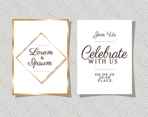 Two wedding invitations with gold ornament frames on pattern background design, Save the date and engagement theme Vector illustration
