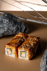 sushi and rolls on a bright colored background. High quality photo