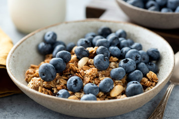 Fototapeta na wymiar Breakfast granola with blueberries in bowl. Closeup view. Healthy food, dieting concept