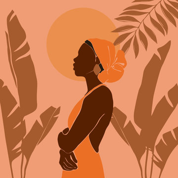 Young African American woman stands against the backdrop of the sun. Sunrise and sunset in the jungle. Large tropical banana leaves. Vector illustration in a flat style.