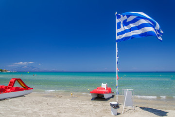 Picturesque golden sandy beach in Tsilivi situated on the east of Zakynthos island on Ionian Sea, Greece.