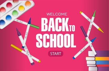 Back to school vector banner design for sale banner, invitation, promotion,sale poster, flat design colorful. School shopping. Vector illustration.