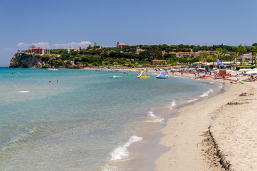 Picturesque golden sandy beach in Tsilivi situated on the east of Zakynthos island on Ionian Sea, Greece.