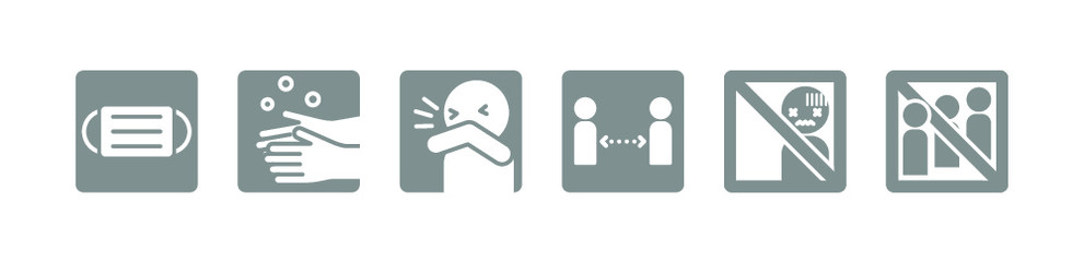 covid-19に対応したアイコン、マスク、手洗い、咳エチケット、ソーシャルディスタンス、検温、人数制限