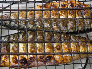 Fried fish. Hot mackerel fish on a grilling pan, with herb spices on coal fire