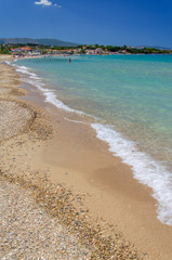 Picturesque golden sandy beach in Tsilivi situated on the east of Zakynthos island on Ionian Sea, Greece.