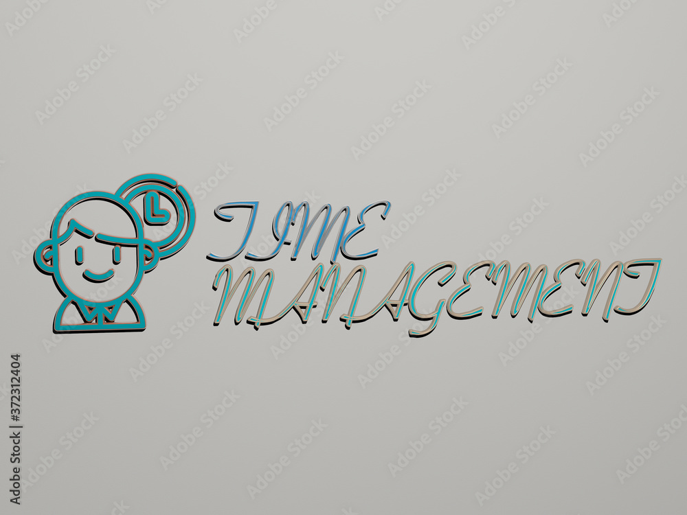 Poster 3d graphical image of time management vertically along with text built by metallic cubic letters fro