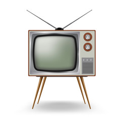 TV old-fashioned four legged with antenna. Outmoded television. Retro household device.