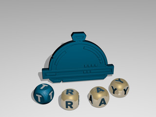 Obraz premium TRAY round text of cubic letters around 3D icon, 3D illustration for background and food