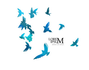 A flock of flying blue birds. Mixed media. Vector illustration