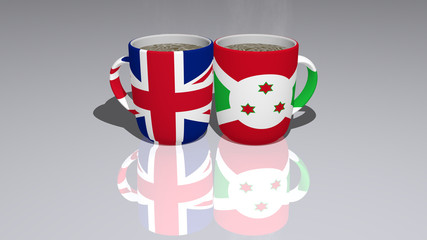 united kingdom burundi placed on a cup of hot coffee in a 3D illustration mirrored on the floor with a realistic perspective and shadows