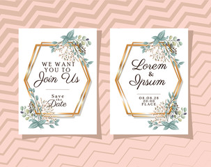 Two wedding invitations with gold ornament frames and buds flowers and leaves on pink background design, Save the date and engagement theme Vector illustration