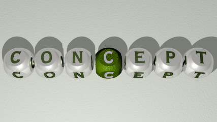CONCEPT text by cubic dice letters, 3D illustration for background and design