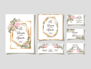 Wedding invitations set with gold ornament frames and roses flowers with leaves design, Save the date and engagement theme Vector illustration