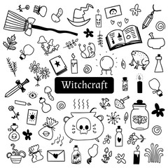 Halloween doodle set of witchcraft stuff on white background. Drawn by hand spooky halloween vector elements for creepy decorative designs.