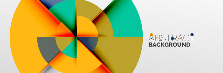 Bright color circles, abstract round shapes and triangles composition with shadow effects. Vector modern geometric design template