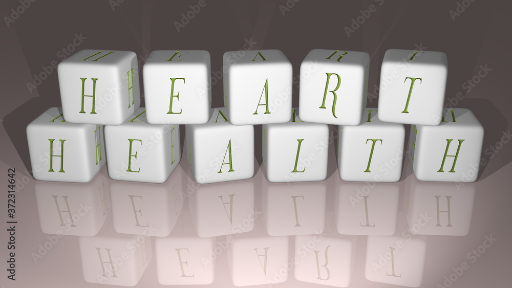 Poster heart health built by dice letters and color crossing for the related meanings of the concept by 3d 
