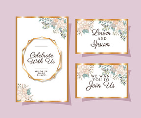Obraz na płótnie Canvas Wedding invitations set with gold ornament frames and white flowers with leaves on purple background design, Save the date and engagement theme Vector illustration