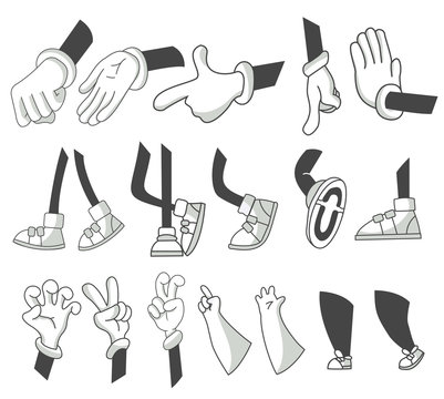 Set of cartoon lags and hands. Clipart arms in different poses. Various hands with different gesture. Vector walking feet in various positions. Legs in boots and gloved hands