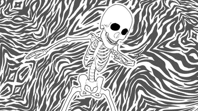 Seamless animation of a skeleton salsa dancing in printed drawn style cartoon isolated with a zebra background. Funny halloween background with marker stroke effect.