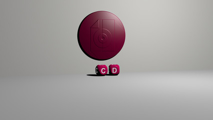 cd 3D icon on the wall and text of cubic alphabets on the floor, 3D illustration for design and background