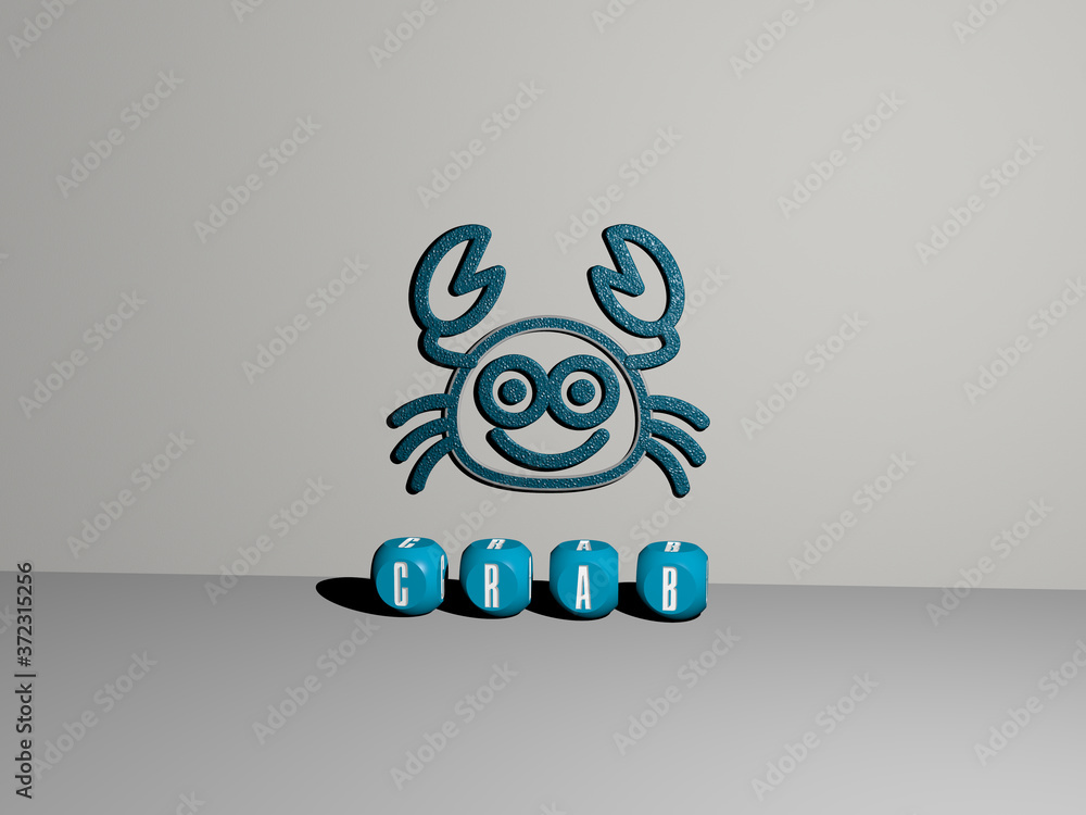 Poster 3d graphical image of crab vertically along with text built by metallic cubic letters from the top p