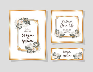 Wedding invitations set with gold ornament frames and white roses flowers with leaves design, Save the date and engagement theme Vector illustration