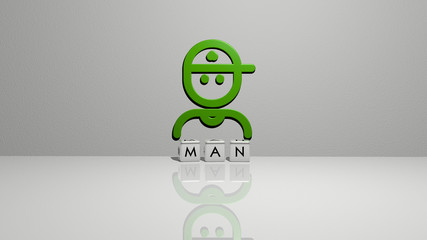 MAN text of cubic dice letters on the floor and 3D icon on the wall, 3D illustration