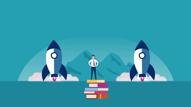 Businessman stands on books near two rocket launch