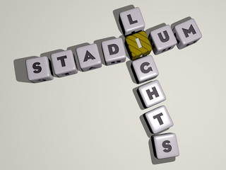 STADIUM LIGHTS crossword by cubic dice letters, 3D illustration for football and editorial