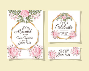 Wedding invitations set with gold ornament frames and roses flowers with leaves design, Save the date and engagement theme Vector illustration