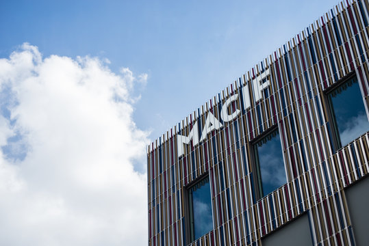 Mulhouse - France - 18 August 2020 - Closeup of logo on exterior facade of the headquarters of the MACIF insurance building