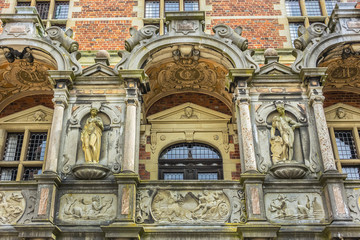 Courtyard of Frederiksborg Castle (Frederiksborg Slot, XVII century). Frederiksborg Castle built as royal residence for King Christian IV of Denmark-Norway (now History Museum). Hillerod, Denmark.