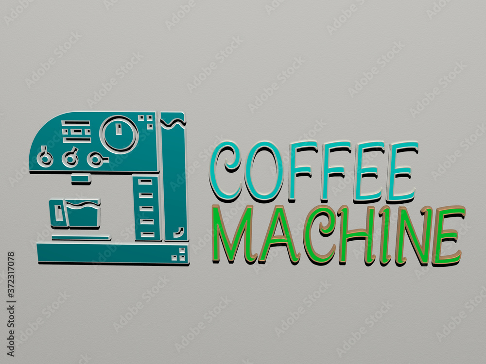 Poster 3d illustration of coffee machine graphics and text made by metallic dice letters for the related me